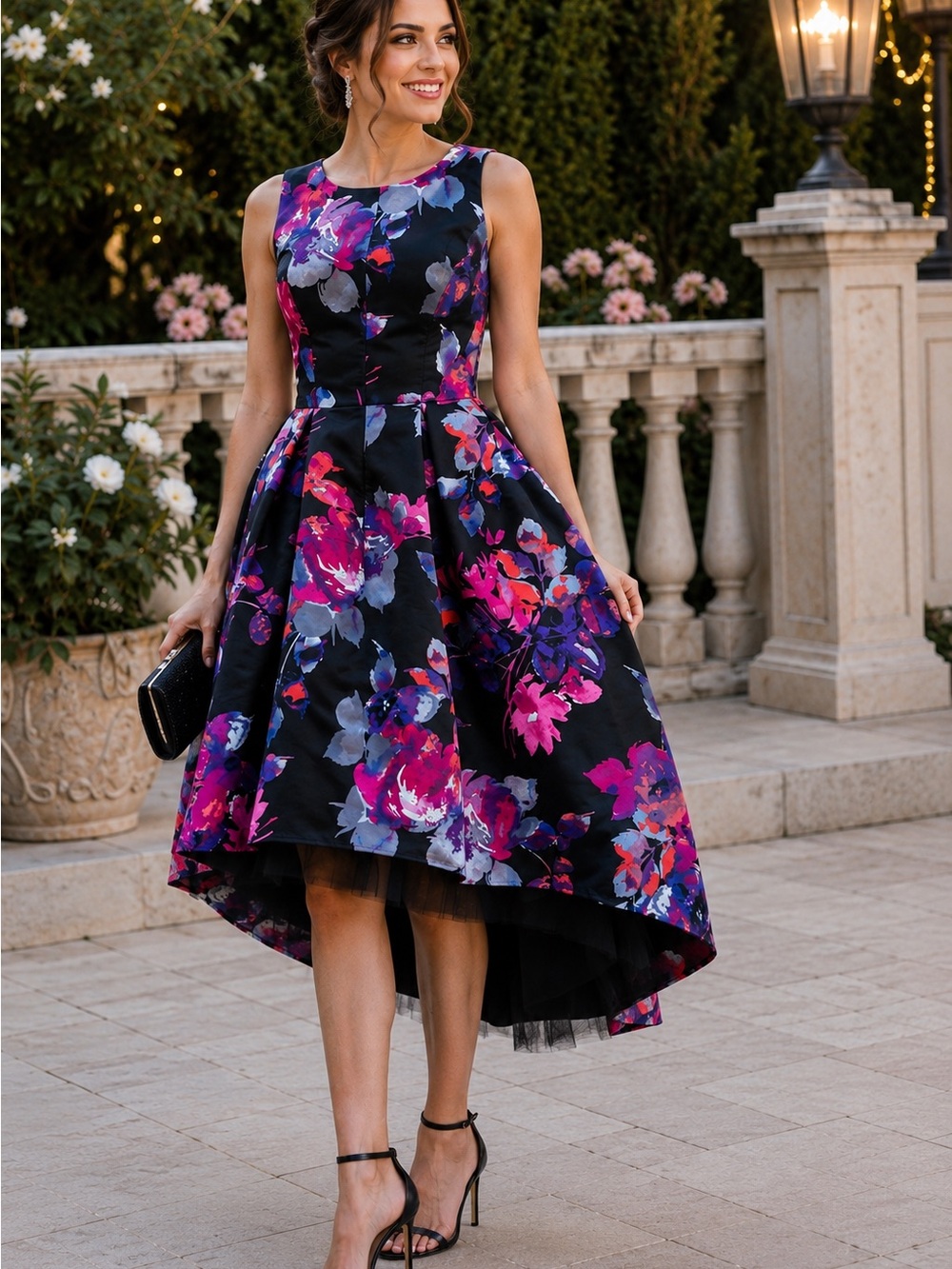 Vince Camuto Size 6 Floral High Low Tulle Fit Flare Cocktail Dress